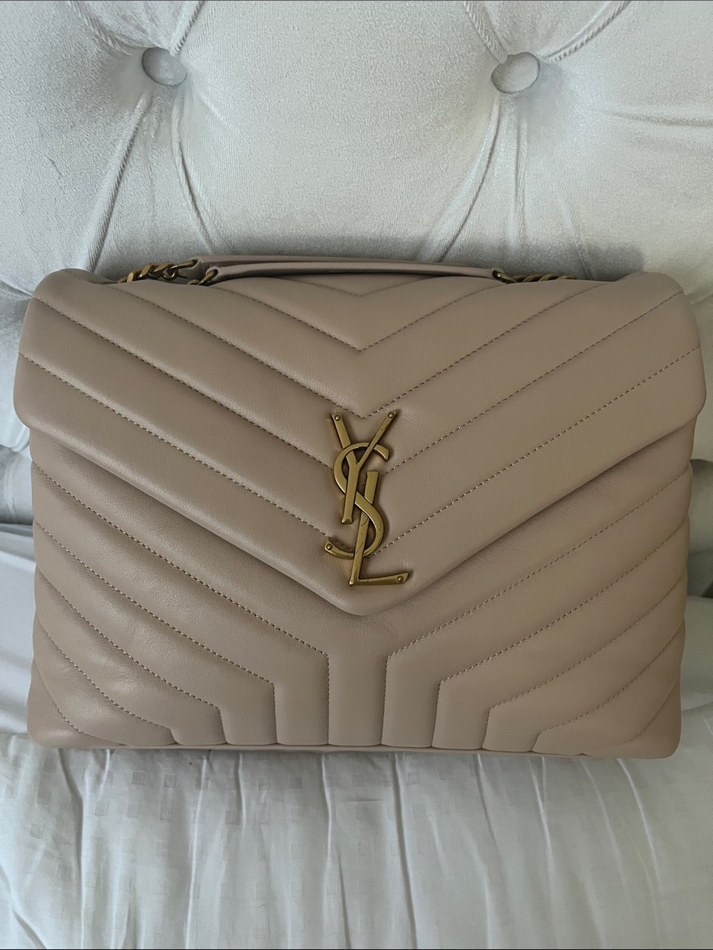 Saint Laurent Loulou Medium Chain Bag in Dark Beige Leather